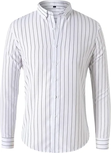 Vista 8 de Camisas de vestir a rayas con botones para hombre, manga larga, ajuste regular, solapa, vertical, a rayas