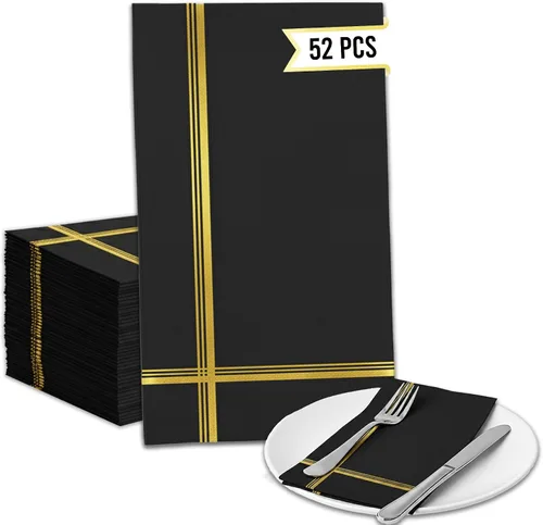 Vista 14 de Servilletas negras y doradas – Juego de 100 servilletas desechables de cóctel y postre de 5 x 5 pulgadas con borde dorado, perfectas para bodas