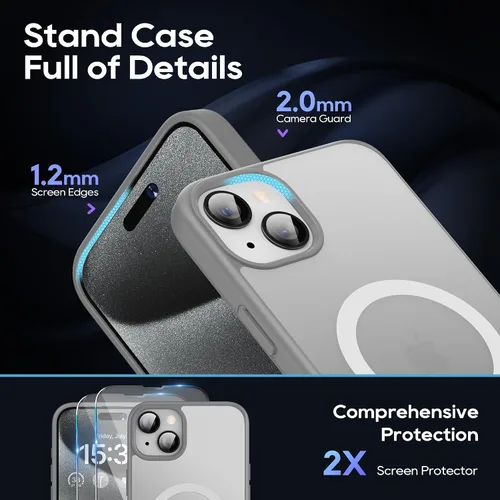 Vista 3 de Funda magnética para iPhone 15 Plus con soporte, soporte delgado con protector de pantalla compatible con MagSafe a prueba de golpes, translúcidas