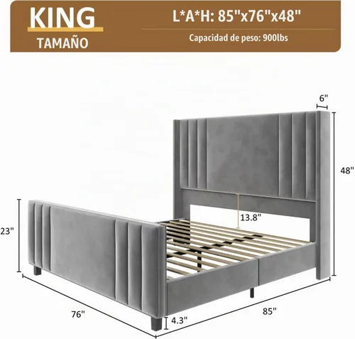 Vista 2 de Albott Base de cama de plataforma tamaño King, cama tapizada con cabecera y estribo con alas capitoné de canal vertical, terciopelo de alta calidad
