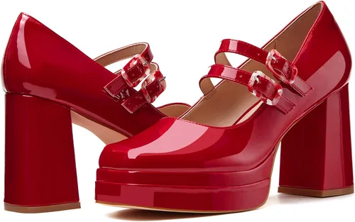 Vista 4 de Coutgo Women's Platform Mary Jane Pumps Two Strap Square Toe Chunky Block Heel Sandals Party Shoes