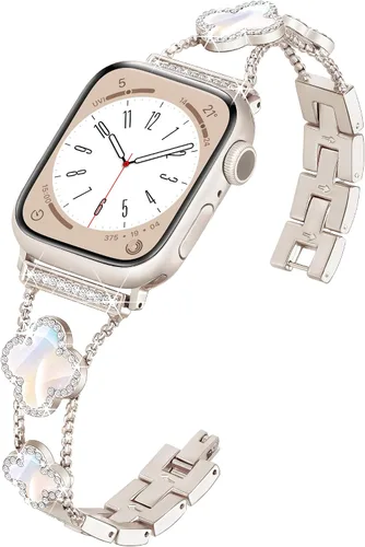Vista 13 de wipalor Correa de trébol de cuatro hojas para Apple Watch para mujer de 42mm 41mm 40mm 38mm, correas delgadas iWatch para mujer, correas metálicas