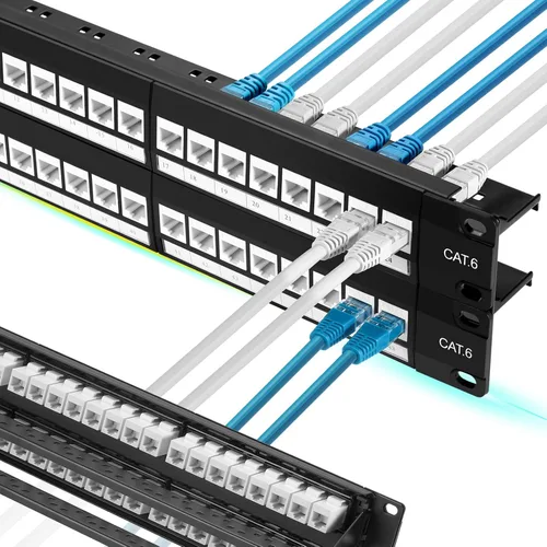 Vista 10 de Rapink Panel de conexión de 24 puertos Cat6 con soporte Keystone en línea 10G, panel de conexión con acoplador de paso UTP de 19 pulgadas con barra
