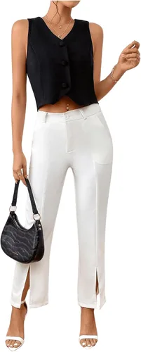 Vista 6 de GORGLITTER Chaleco con botones para mujer, chaleco corto sin mangas, blazer