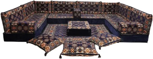 Vista 188 de arabicsofa Sofá en forma de U de estilo árabe para el suelo – Juego de Majlis hecho a mano – Sofá de estilo bohemio