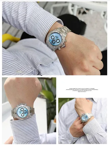Vista 5 de LOREO Reloj impermeable multifunción de acero inoxidable plateado con cristal de zafiro para hombre