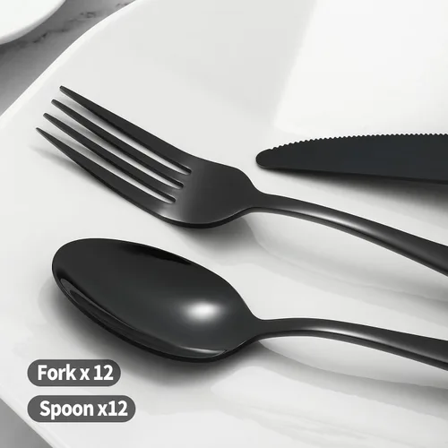 Vista 3 de Juego de cubiertos de 24 tenedores y cucharas para 12, tenedores y cucharas de acero inoxidable negro, cuchara duradera de 8 pulgadas y tenedor