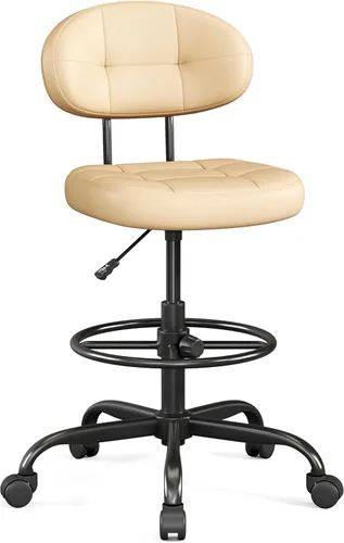 Vista 8 de Misolant Silla de dibujo sin brazos, silla de oficina alta con anillo reposapiés para escritorio de pie, pequeña silla de oficina ejecutiva de piel