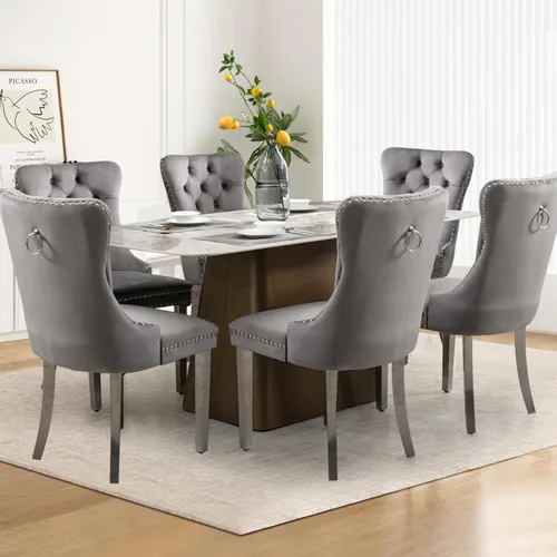 Vista 86 de Juego de 2 sillas de comedor tapizadas de tela de lino, sillas de cocina modernas de mediados de siglo con respaldo alto, ribete de cabeza de clavo