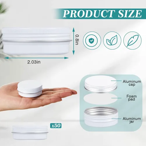 Vista 3 de Paquete de 50 recipientes de bálsamo labial blancos de 2 onzas a granel, latas recargables de 2.0 fl oz para ungüentos, recipientes de lata