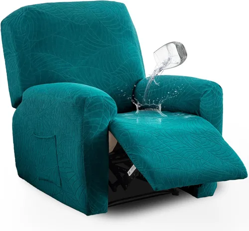 Vista 31 de vctops Funda repelente al agua para silla reclinable de 4 piezas con bolsillo lateral, diseño de hojas de jacquard, elástica, suave, protector