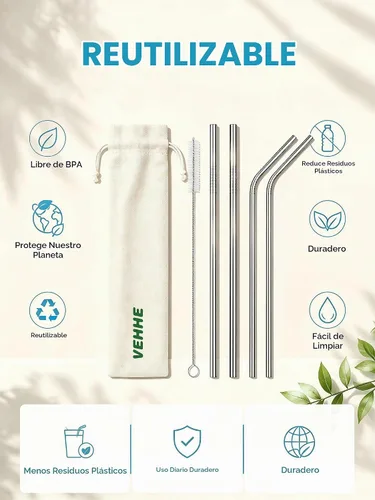 Vista 6 de VEHHE Popotes de metal de acero inoxidable Popotes para beber reutilizables - 10.5" Ultra largo 4 + 1 - Con cepillo de limpieza para vasos de 20/30
