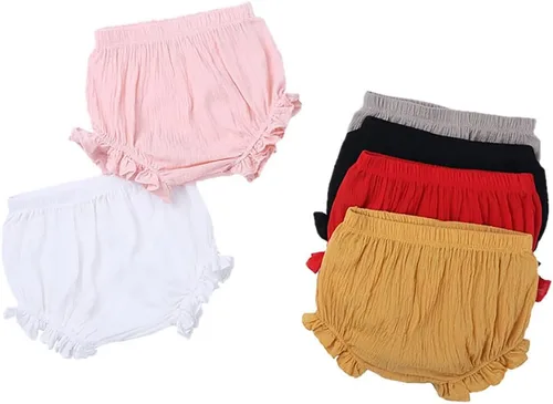 Vista 2 de Pantalones cortos de algodón y lino con volantes para bebés, niñas y niños pequeños, color sólido, básicos, holgados