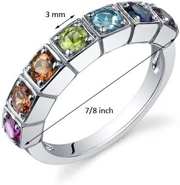 Vista 3 de Peora Anillo de plata de ley 925 con piedras preciosas auténticas y creadas, color arcoíris de 7 piedras, tallas 5 a 9, Metal precioso Piedra