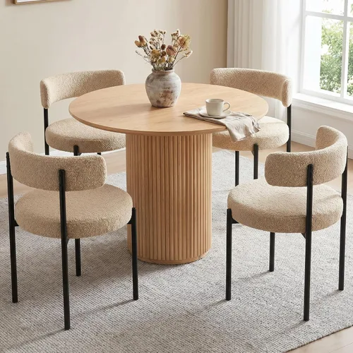 Vista 16 de Juego de 2 sillas de comedor Boucle, sillas de comedor beige con asiento tapizado y respaldo redondo, sillas de cocina modernas de mediados de siglo