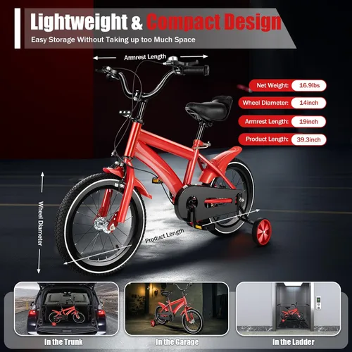 Vista 2 de Bicicleta de montaña roja de 14 pulgadas para niños, con altura ajustable, bicicleta para niños de 2 a 4 años, bicicletas para niños y niñas