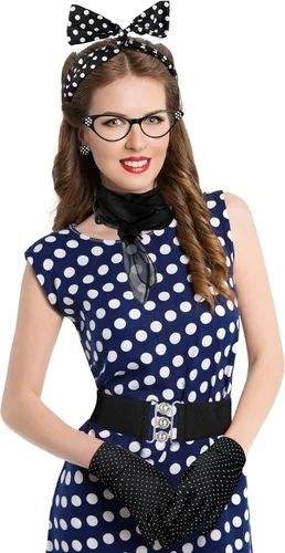 Vista 2 de Newcotte 7 piezas de accesorios de disfraz de los años 50 para mujer, bufanda, lunares, ojo de gato, bandana, diadema, aretes, guantes, cintura