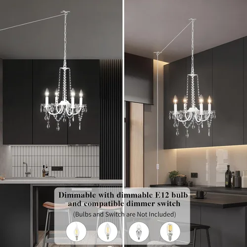 Vista 3 de ETONIMERR Lámpara de araña pequeña de cristal con enchufe Iluminación 4 luces Lámpara de araña moderna de cristal con cable de enchufe de 5.2 metros