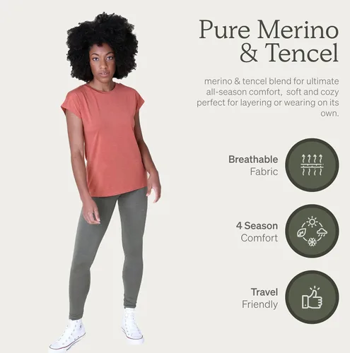 Vista 6 de Nui Organics - Camiseta de lana merino y lirio Tencel para mujer, capa base, tela natural ultrasuave, comodidad durante todo el año, transpirable.