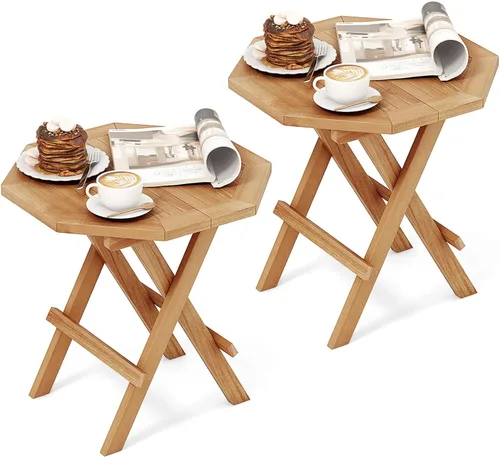 Vista 12 de RELAX4LIFE Mesa auxiliar plegable para exteriores, mesa auxiliar de madera de teca, mesa de café octogonal con mesa de listones, mesa de campamento