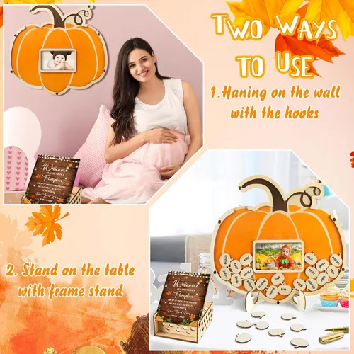 Vista 6 de Thyle Juego de 63 piezas de calabaza para baby shower, libro de invitados de otoño, Halloween, calabaza, baby shower, con marco de fotos, marco