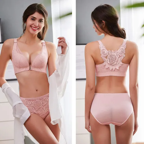 Vista 2 de FEOYA Sujetador de cierre frontal para mujer, brasier de encaje en la parte posterior, brasier sin aros acolchado