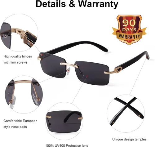 Vista 3 de ADE WU Gafas de sol cuadradas de moda sin montura para hombres y mujeres estilo vintage retro de los años 90 lentes de metal dorado con tintado