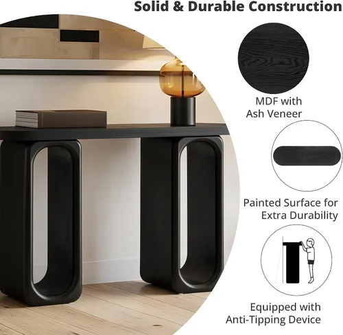 Vista 4 de 50" Modern Art Sculptural Console Table, Oval Cutout Legs, Wood Veneer, Thick Rounded Tabletop, Contemporary Entryway Sofa Table for Living Room