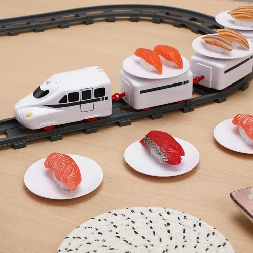 Vista 6 de Tren de sushi, mesa giratoria de tren alimentario, juguete eléctrico con pilas, platos japoneses de sashimi debajo del árbol de Navidad, pista