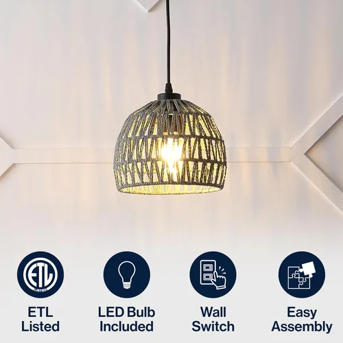 Vista 4 de JONATHAN Y Lámpara colgante LED de cuerda tejida bohemia moderna gris de 8.25 pulgadas, lámpara de techo de cúpula ajustable para isla de cocina