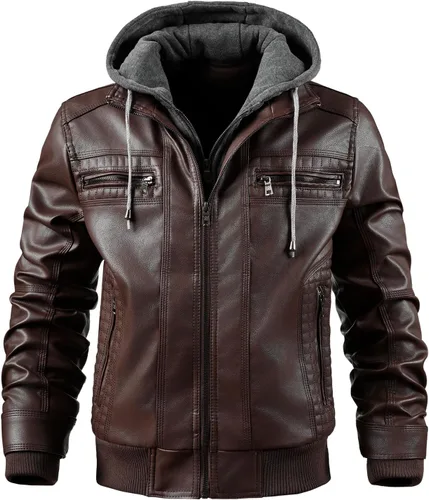 Vista 12 de INVACHI Men's Faux Leather Jacket, Motorcycle Bomber with Removable Hood Un negro