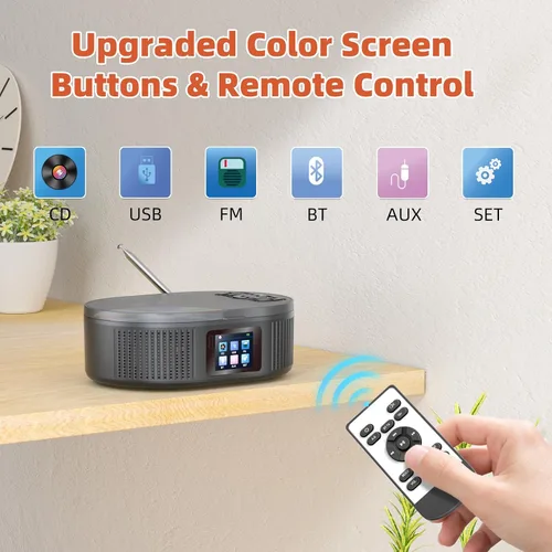 Vista 2 de DESOBRY, Reproductor de CD Boombox portátil con modos Bluetooth TX/RX y Negro