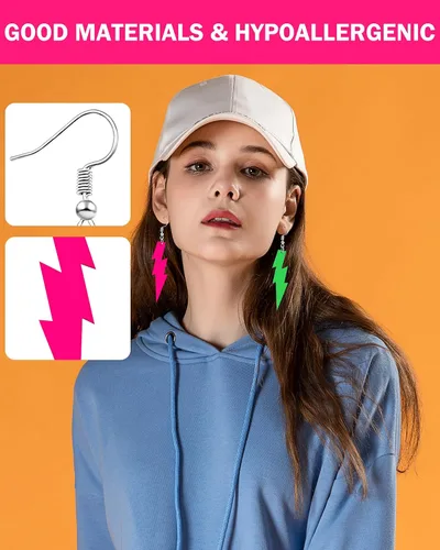 Vista 3 de 7pcs 80s Earrings for Women, Retro Colorful Neon Acrylic Earrings & Big Hoop Earrings, Playful Geometric Design, Perfect For 80s 90s Outfit Glow