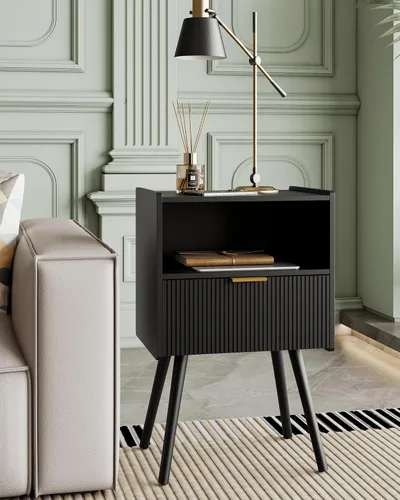 Vista 5 de Veegle Mesita de noche, moderna mesita de noche con cajón de almacenamiento y estante de madera abierta, mesita de noche decorativa con patas