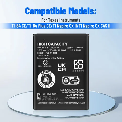 Vista 3 de TI 84 Plus - Batería CE, repuesto para Texas Instruments TI-84 Plus CE, parte no 3.7L1200SPA, P11P35-11-N01 3.7V 3200mAh