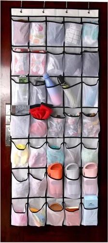 Vista 5 de Organizador de zapatos con 28 bolsillos grandes sobre la puerta, organizador de zapatos colgante para armario, zapatero transparente de alta calidad