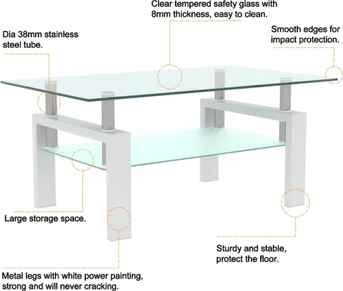 Vista 4 de Mesa de centro de cristal Mesa de centro de vidrio de tubo de metal para sala de estar (tiempo moderno, blanco)