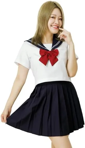 Vista 3 de Disfraz de uniforme escolar de anime japonés para niñas, vestido de cosplay de manga corta para marinero