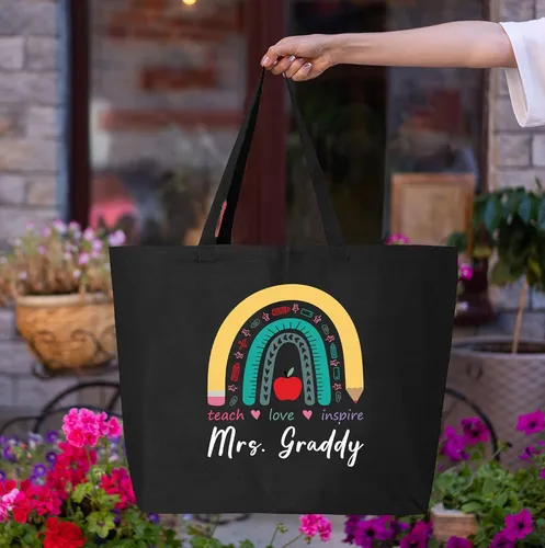 Vista 3 de shop4ever Bolso de compras reutilizable personalizado personalizado para profesor enseñar amor inspirar arco iris jumbo de lona pesada