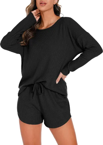 Vista 5 de PrinStory Conjunto de pijama para mujer, conjunto de 2 piezas de punto gofre, conjunto de ropa de descanso con bolsillos