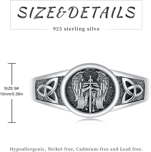 Vista 7 de Freesloth Anillo de San Miguel para hombre, plata de ley 925, anillos vikingos negros, arcángel, Miguel católico, ajustable, San Miguel, amuleto