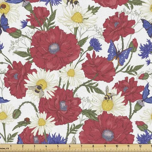 Vista 63 de Ambesonne Tela para Amantes de los Perros por Yarda, Perro Salchicha de Dibujos Animados Dachshund Cachorro con Pijamas a Rayas Flores y Mariposas