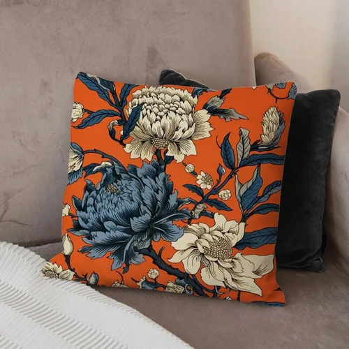 Vista 4 de Funda de cojín con diseño de flores de caqui chinoiserie, color naranja, azul marino, peonía, funda de almohada cuadrada rústica para sofá