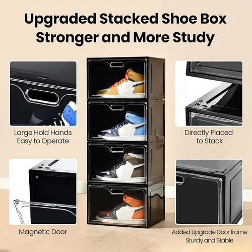 Vista 3 de Amllas Paquete de 8 cajas de zapatos de plástico negro apilables, organizador de almacenamiento de zapatos grande, contenedores de zapatos