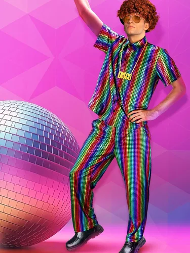 Vista 6 de Mepase 6 piezas de lentejuelas metálicas de los años 70 para hombre, disfraz de discoteca, accesorios, camisa brillante, pantalón, peluca afro