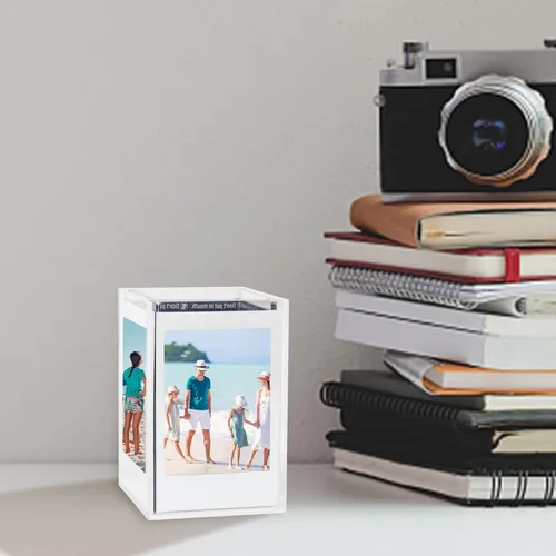 Vista 5 de Marco de fotos acrílico, diseñado para Fujifilm Instax Mini, foto Polaroid de 2 x 3 pulgadas. Soporte para bolígrafo, función de caja