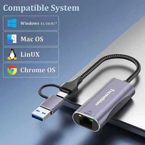 Vista 6 de Adaptador Ethernet USB, 2 en 1 USB C/USB 3.0 a RJ45 1000Mbps Gigabit Ethernet Adaptador de red LAN para MacBook Pro/Air, iPad Pro, iPhone15/15Pro