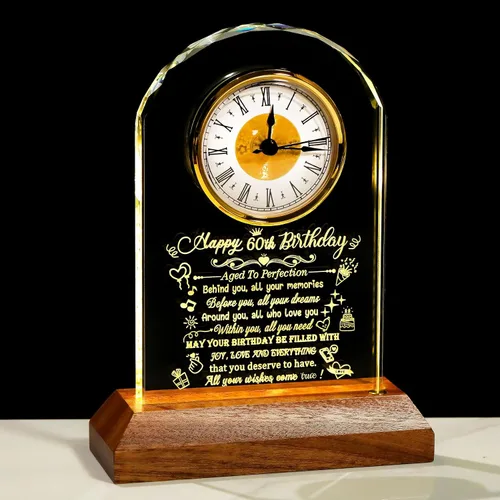 Vista 13 de Arikyrist Regalos de cumpleaños número 100 para mujeres, hombres y amigos, reloj de cumpleaños de cristal con base de luz Glass 100th Birthday