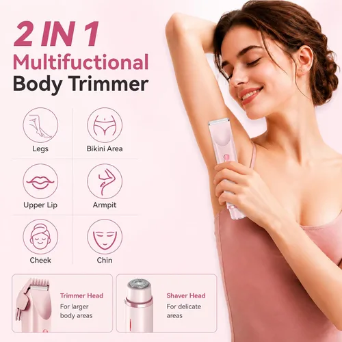 Vista 2 de Recortadora de bikini 2 en 1 para mujer, afeitadora de bikini de doble cabeza, afeitadora corporal inalámbrica, maquinilla de afeitar eléctrica