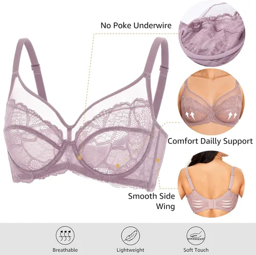 Vista 4 de DOBREVA Brasier sexy de encaje transparente para mujer, sin forro, minimizador, cobertura completa, brasier transparente